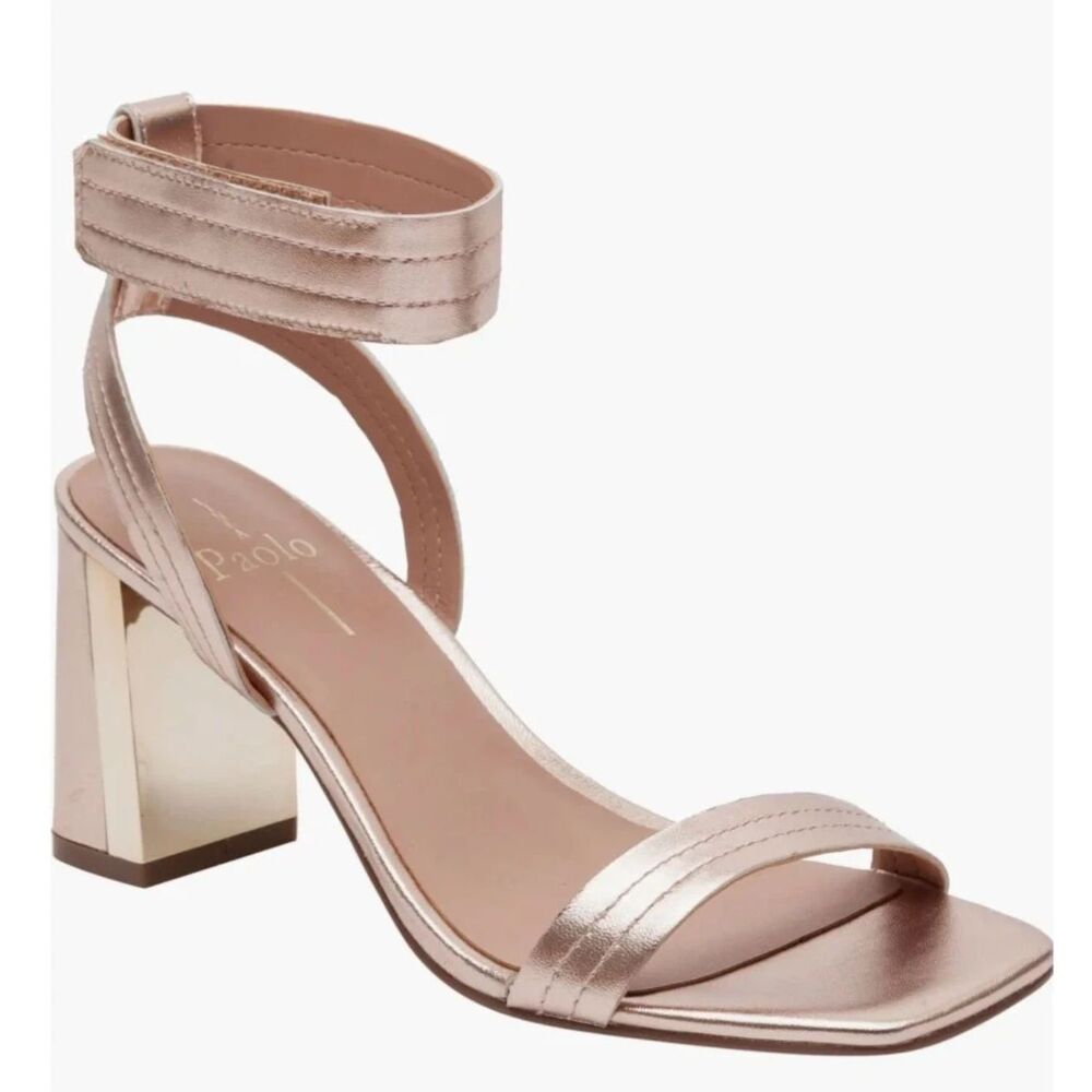 Linea Paolo Block Heel Sandals 5.5 Elegant Wedding Chic Metallic Rose Gold Eden